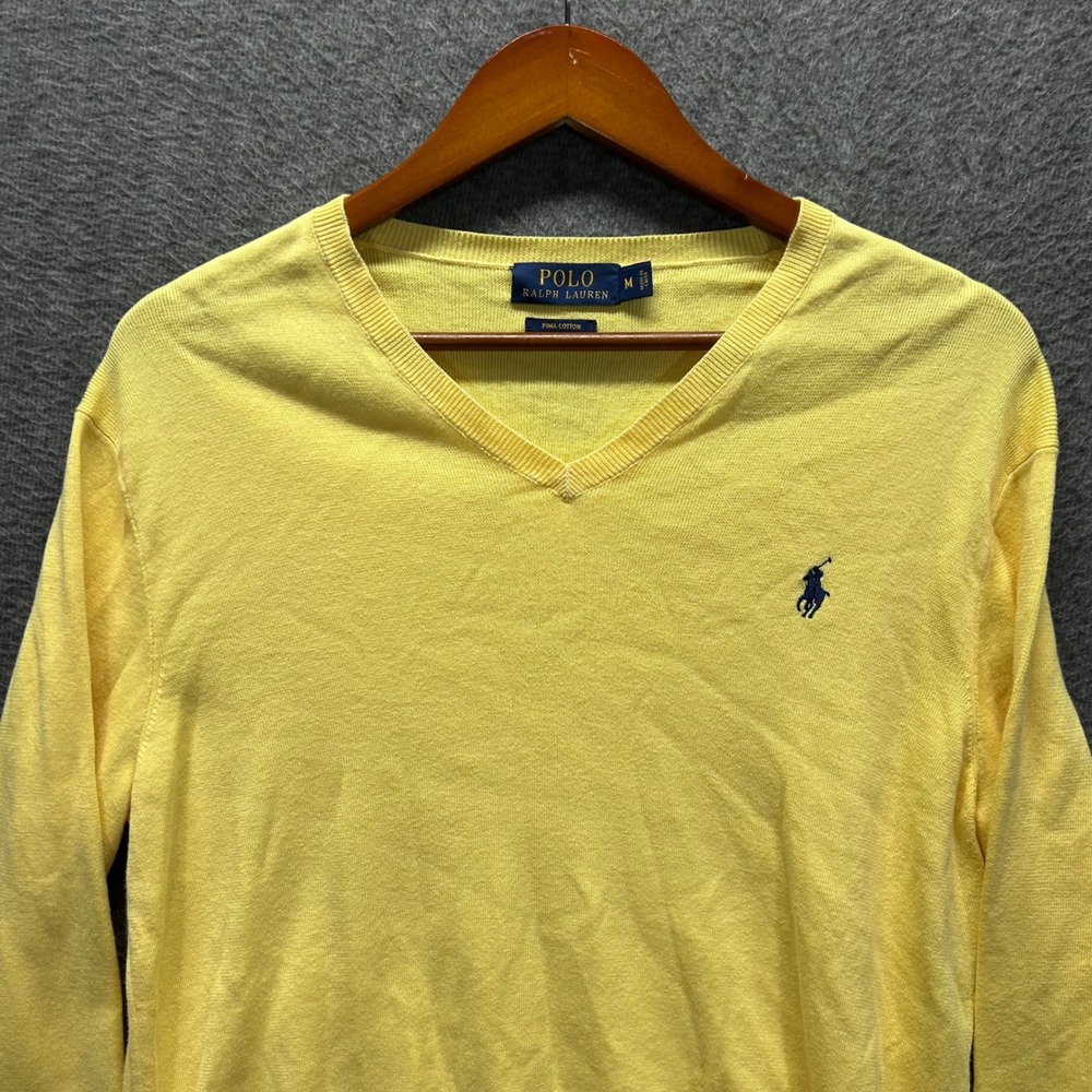 Polo Ralph Lauren Mens Yellow Pima Cotton V-Neck Sweater Size M Embroidered Pony